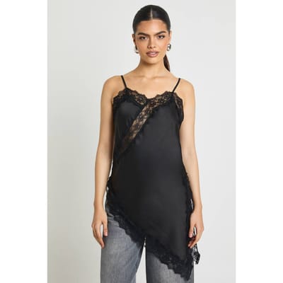 boohoo Dames Satijn Kant Longline Hemd | Zwart | Maat: 34