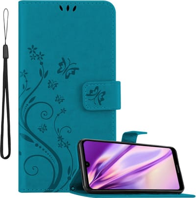 Cadorabo Hoesje geschikt voor Huawei Y7 2019 / Y7 PRIME 2019 in BLOEMEN BLAUW - Beschermhoes in bloemmotief met magnetische sluiting, standfunctie en kaartsleuven Book Case Cover Etui