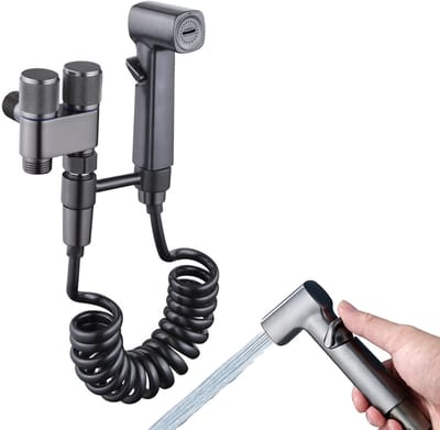 Toilet Handdouche Set-RVS Hogedruk Sproeier-Bidet Spray met Dubbele Hoekkraan-2 Meter Spiraalslang-Wandhouder-Badkamer Reinigingsset-Gun Grey