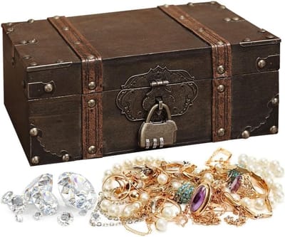 Vintage Houten Schatkist met Slot voor Opslag en Decoratie, 24 x 17 x 9,5 cm, Ideaal voor Sieraden en Verzamelobjecten