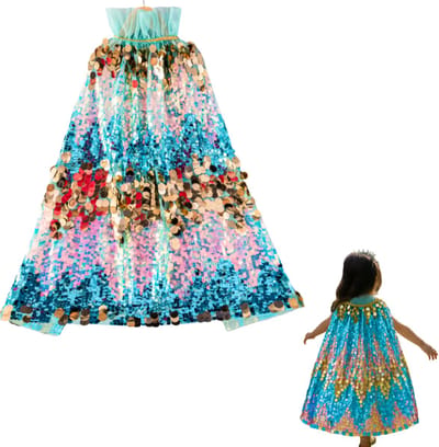 Joya Kids® Luxe Verkleedcape Blauw met Glitters en Pailletten | Prinsessencape | Cape Set Paillet | Unicorn | Meisje Verkleedset | Carnvalskleding Meisjes