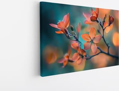 Saammp Canvas Schilderij - Oranje bloemen aan tak - Natuur - Abstract - 45x30 - Foto op canvas - Wanddecoratie - Muurdecoratie Woonkamer - Woonkamer Decoratie