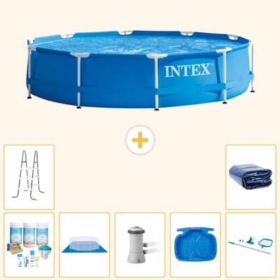Intex Rond Frame Zwembad - 366 x 76 cm - Blauw - Inclusief Onderhoudspakket - Grondzeil - Zwembadfilterpomp - Voetenbad - Ladder - Schoonmaakset - Solarzeil - 8-delig