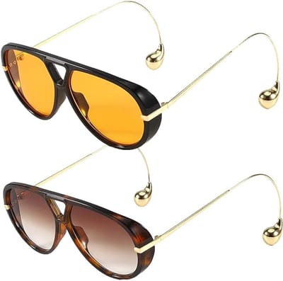 Luxe Aviator Zonnebril - 2 Stuks - Retro Pilotenbril met Unieke Druppel Pootjes - Oversized Festival Bril - Piloten Zonnebril - Sunglasses - Gepolariseerde - UV400 Bescherming - Unisex - Oranje & Bruin Glazen - Stijlvolle Aviator Bril - SOLLBRY®