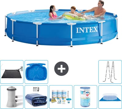 Intex Rond Frame Zwembad - 366 x 76 cm - Blauw - Inclusief Pomp - Solarzeil - Onderhoudspakket - Filter - Grondzeil - Solar Mat - Ladder - Voetenbad - 9-delig