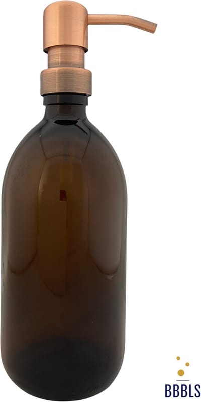 BBBLS® Design Dispenser "Blanco" | Bruin Glas | 500ml | RVS / Metaal Pomp Koper | Zeeppomp | Zeepdispenser | Zeephouder