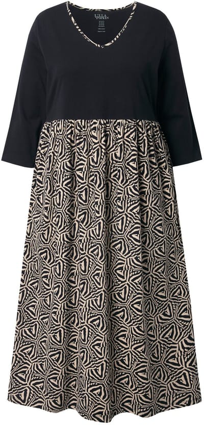 Ulla Popken - Dames - Jersey jurk A-lijn V-hals 3/4-mouw - Zwart - Maat 50+