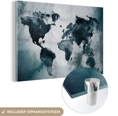 MuchoWow® Glasschilderij 60x40 cm - Schilderij acrylglas - Wereldkaart - Abstract - Waterverf - Foto op glas - Schilderijen