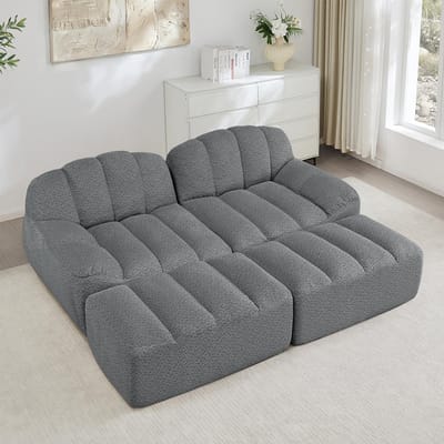 BLACKCOLORS Modulaire 2-zitsbank met 2 chaise longues, Boneless-bank van 32D-schuim met hoge dichtheid, voor woonkamer en appartement, antislipontwerp, zachte stof, Grijs
