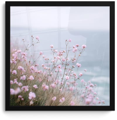 Poster in lijst - Fotolijst 40x40 cm - Posters - Klif - Bloemen - Zee - Roze - Posterlijst zwart - Decoratie - Wanddecoratie woonkamer - Muurdecoratie slaapkamer