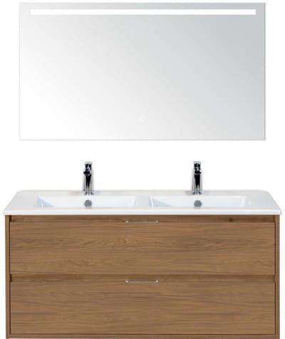 Porto Badmeubelset 120 cm - 2 Laden Honey - Keramische Wastafel Wit Slim met Sence Spiegel