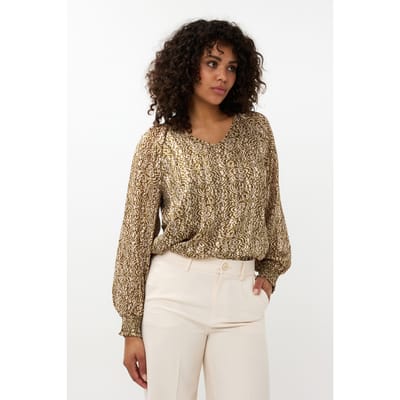 EsQualo Blouse Smocking Dimension Print Print Maat: 34 | Longsleeves Outlet | Dames | Goud
