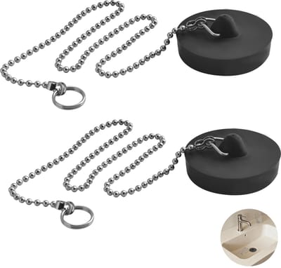 Set van 2 Universele Zwarte Afvoerpluggen van 4.5 cm met RVS Ketting voor Badkamer en Keuken, Voorkomt Waterverlies en Geur