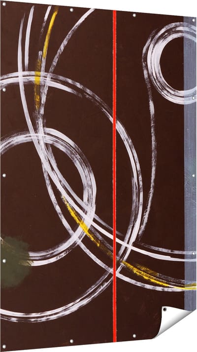 Gards Tuinposter Abstracte Cirkels met een Rode Lijn - 120x180 cm - Tuindoek - Tuindecoratie - Wanddecoratie buiten - Tuinschilderij