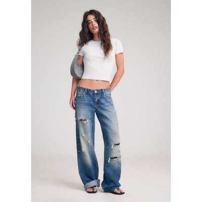 Stradivarius Straight jeans met low-rise en scheuren  MIDDENBLAUWE DENIM WASSING 34
