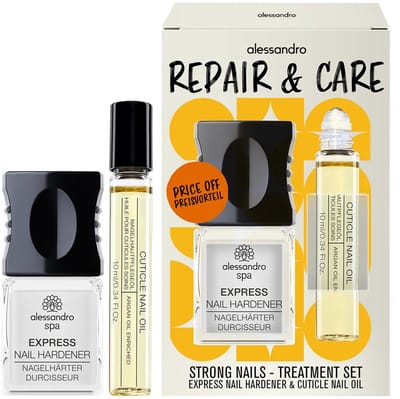 Alessandro Repair & Care Set – Nagelversteviger & Nagelriemolie – Inclusief Express Nail Hardener & GRATIS Cuticle Nail Oil – Versterkt, voedt en herstelt beschadigde nagels & nagelriemen – Complete nagelverzorging in één set