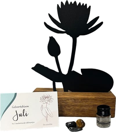 Kraamcadeau - geboortebloem beeld- JULI - Waterlelie - mét tandendoosje / potje / haarlokpotje en beschermende edelsteentjes - metaal in houten sokkel - baby cadeau - babyshower cadeau