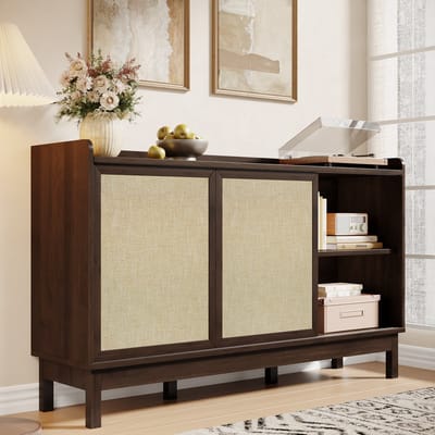 Wishdor Dressoir - Schuifdeuren En Dubbele Lades - Verstelbare Legplanken - Retro Kleurblokdesign - Spaanplaat - Naturel - 150 X 39,5 X 80 Cm
