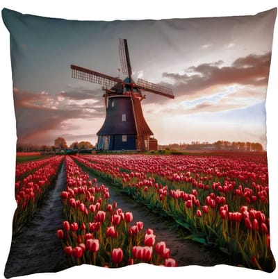 Sierkussens - Kussentjes Woonkamer - 50x50 cm - Molen - Zonsondergang - Tulpen - Rood