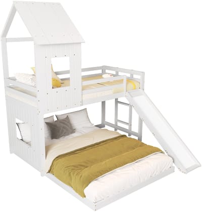 Merax Kinderbed Huisvorm met Glijbaan en Dak – Stapelbed 90x200 en 140x200 cm – Houten Bed met Raam en Valbeveiliging – Inclusief Lattenbodem – Wit