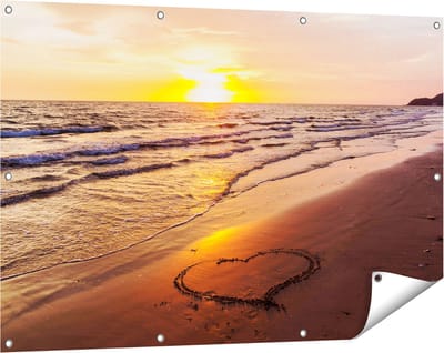 Gards Tuinposter Zonsondergang op het Strand met een Hartje - 120x80 cm - Tuindoek - Tuindecoratie - Wanddecoratie buiten - Tuinschilderij