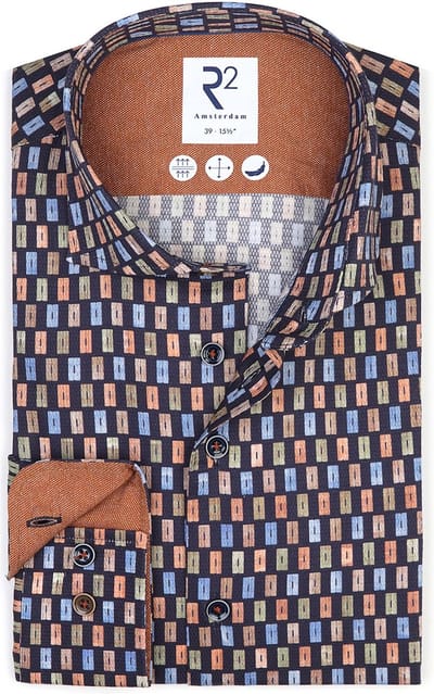 R2 Overhemd Blokken Donkerblauw (navy) - Maat 37 - Heren - Overhemden Casual
