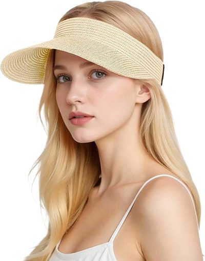 VHV - Zonnehoed Dames van Stro - UPF 50+ UV-Bescherming - Brede Rand - Opvouwbare Strohoed - Verstelbaar - Zonneklep voor Strand en Vakantie - Beige