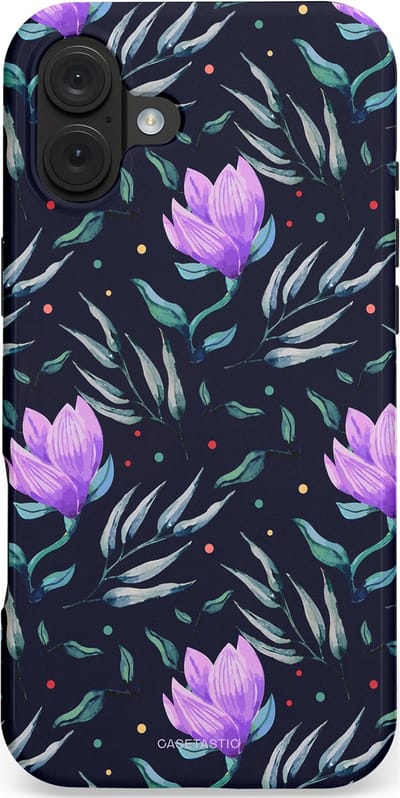 Casetastic hoesje geschikt voor Apple iPhone 16 Plus - MagSafe - Dubbellaagse bescherming - Mystieke bloemenzee - Fashion Case - Donkerblauw Donkergrijs Grijs Lavendel
