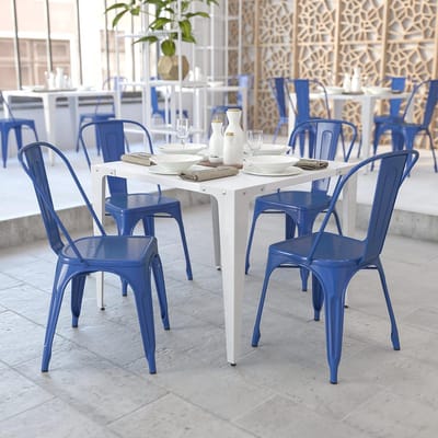 4 Stuks Antieke Blauwe Metalen Stapelstoelen voor Binnen en Buiten