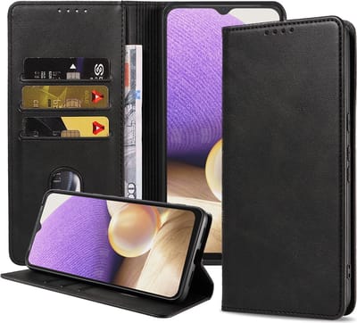 Smartphonica Samsung Galaxy A32 5G kunstleren hoesje met magnetische sluiting en pashouders book case - zwart geschikt voor Samsung Galaxy A32 5G