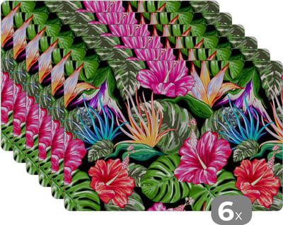Placemat - Placemats kunststof - Tropisch - Patronen - Bloemen - Monstera - 45x30 cm - 6 stuks - Hittebestendig - Anti-Slip - Onderlegger - Afneembaar