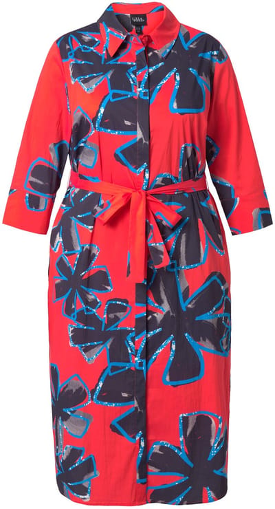 Ulla Popken - Dames - Midi-jurk met overhemdblouse bloemen A-lijn 3/4-mouwen - Paprikarood - Maat 42+