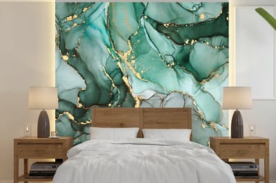 Behang - Fotobehang Goud - Marmer - Groen - Luxe - Marmerlook - Grijs - Breedte 220 cm x hoogte 220 cm