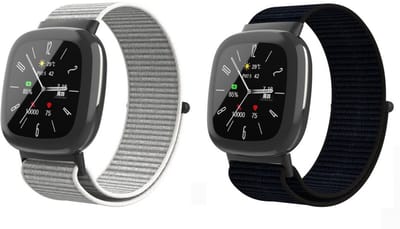 Strap-it Bundel van 2 Nylon banden - Zwart & Zeeschelp - Geschikt voor Fitbit Versa 3 / Versa 4 / Sense 2 - Geweven Nylon band - Zachte Nylon band - Horlogeband / Polsband / Armband