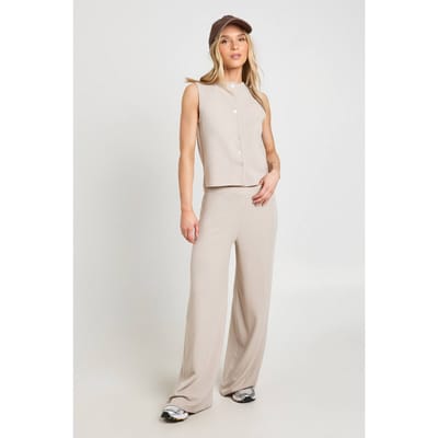 boohoo Dames Petite Geribbelde Crinkle Top Met Knoopsluiting Zonder Mouwen En Broek Set | Beige | Maat: 34