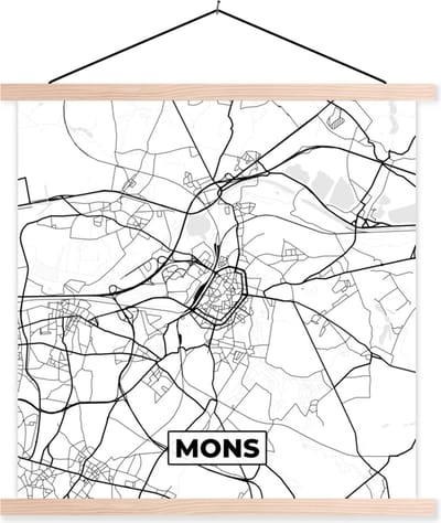 Posterhanger incl. Poster 40x40 cm - Schoolplaat - Stadskaart – Plattegrond – België – Zwart Wit – Mons – Kaart - Textielposter - Blanke latten - Stadskaart