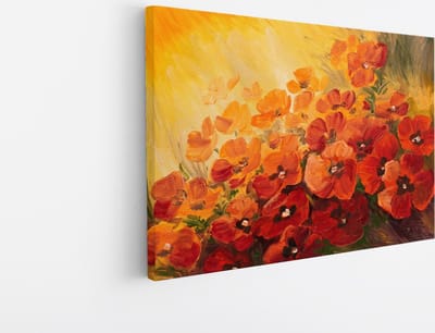 Saammp Canvas Schilderij - Rood-Oranje Bloemen - Natuur - Abstract - 45x30 - Foto op canvas - Wanddecoratie - Muurdecoratie Woonkamer - Kantoor Decoratie