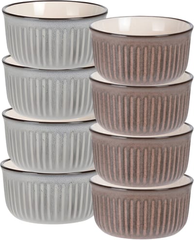 Soepkom Striped - set 8x - bruin / grijs - 14 x 7 cm - keramiek - kommetjes - 500 ml
