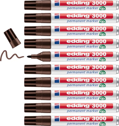 edding 3000 permanent marker - donker-bruin - 10 stiften - ronde punt 1,5-3 mm - sneldrogende permanent marker - water- en wrijfvast - voor karton, kunststof, hout, metaal - universele marker