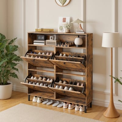 Xbro Schoenenkast met 4 Klapdeuren – Dubbele Diepte – Modern Schoenenrek met Bovenplank – Voor Hal & Slaapkamer – 100 x 24 x 108 cm – Retro