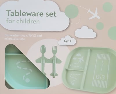 Kinderserviesset vliegtuig motief mintgroen - bord - vork - lepel - serviesset voor baby's vanaf 6+ maanden