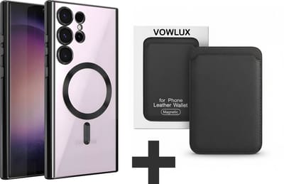VOWLUX® Compatible Samsung Galaxy S25 Ultra hoesje van schokbestendig siliconen met camera lens Protector bescherming + Compatible MagSafe QuickWallet pasjeshouder – 24 magneten extra sterk – max 3 pasjes – kunstleer – Zwart