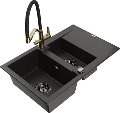 Mexen Gaspar granieten spoelbak 1,5-komor met afdruiprek en Duo keukenkraan, zwart/goud metallic - 6507-75-671701-57-B