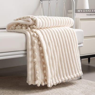 Zachte Fleece Deken Twin Size - Lichtgewicht Pluche Plaid met Pompons - Warme en Gezellige Flanellen Deken voor Bank en Bed