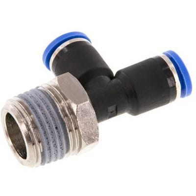 8mm x R1/2'' rechte hoek T-stuk Messing/PA 66 Insteekfitting Buitendraad Draaibaar NBR