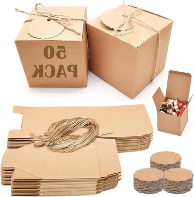 Kleine vierkante geschenkdozen van kraftpapier, 50 stuks, 7 x 7 x 7 cm, ideaal voor feestjes, bruiloften en verjaardagen, met deksel en in bruin
