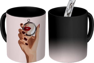 Magische Mok - Foto op Warmte Mokken - Koffiemok - Spiegel - Rode lippen - Magic Mok - Beker - 350 ML - Theemok