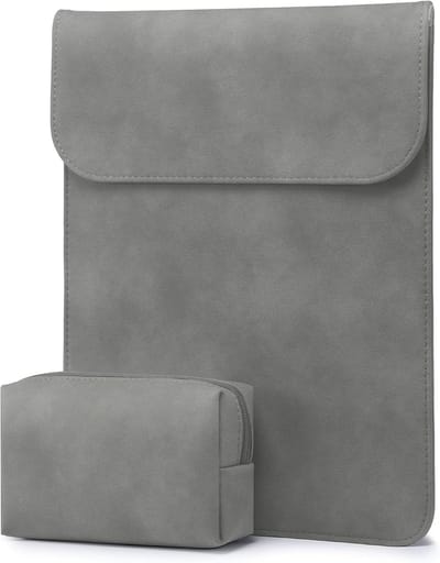 Laptophoes 14 inch - 2-Delig - PU Leren Laptophoes- Laptoptas dames / heren geschikt - Dunne Laptopsleeve -- Laptophoes met ritssluiting - waterafstotende hoes - Grijs