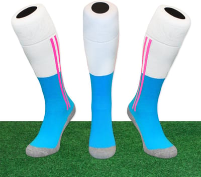 Hingly 2 STRIPE SEA BLUE WHITE PINK Lange sportsokken, hockeysokken, voetbalsokken Maat 31-35