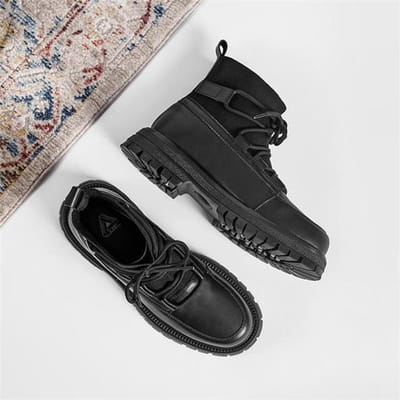 Echt Leer Martin Laarzen Heren Casual Stretch Stof Sok Laarzen Met Veters Heren Platform Enkel Laarzen Gotische Schoenen 44 zwart